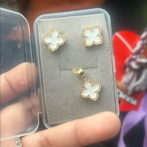 Gold White Clover Pendant & Stud Earrings Set - Women Jewelry